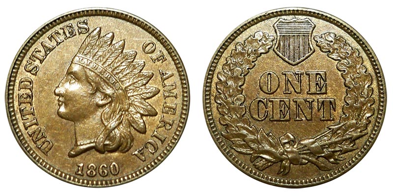 1860 Indian Head Penny obverse showing the bust point diagnostic area