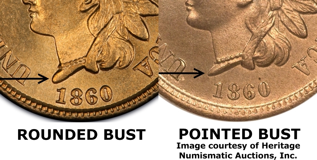 1860 Indian Head Penny Pointed Bust variety showing sharp neck terminus pointing at U in UNITED