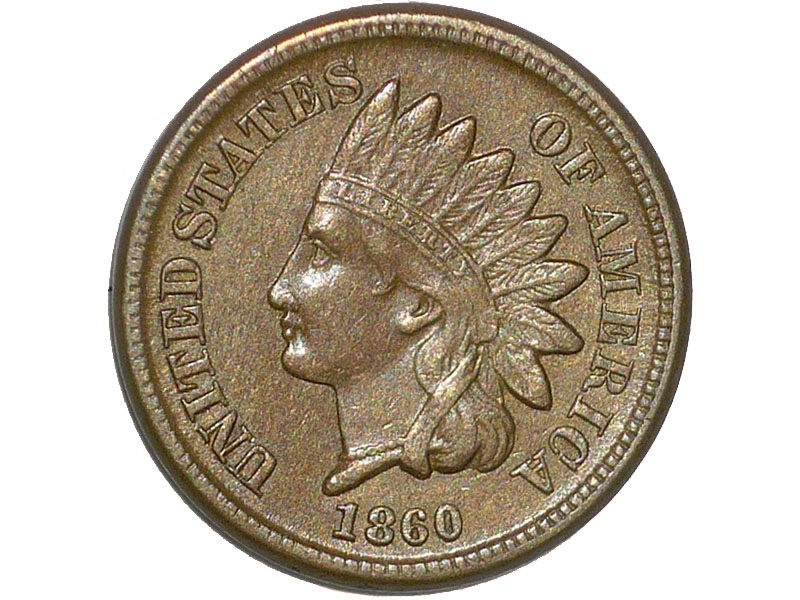 1860 Indian Head Penny Snow-5 Doubled Die Obverse showing hub doubling on LIBE in LIBERTY on headdress ribbon