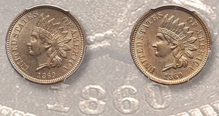 Historical group of 1860 Indian Head Pennies in various grades showing typical surviving specimens