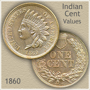 1860 Indian Head Penny grading strip showing four condition tiers from worn to gem uncirculated